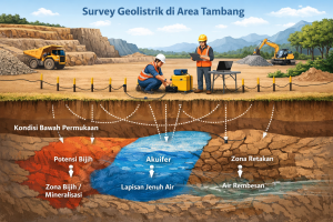 Ilustrasi survey geolistrik untuk melihat kondisi bawah permukaan pada area tambang